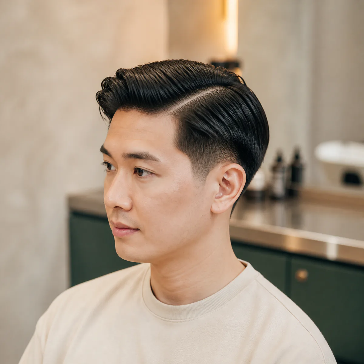 Classic side part and tapered neckline